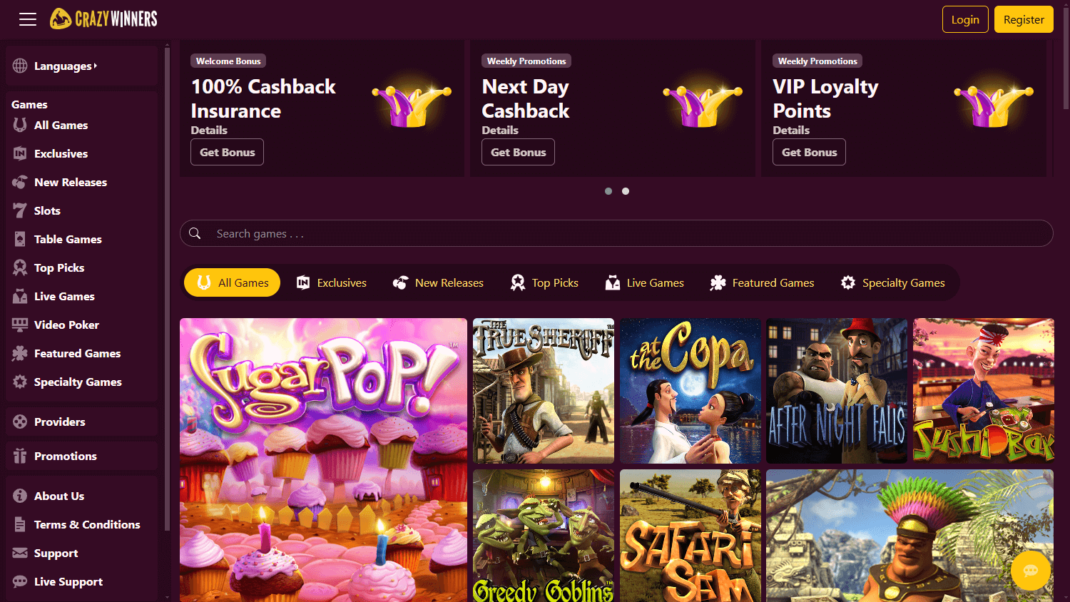 CrazyWinners Casino Desktop screenshot